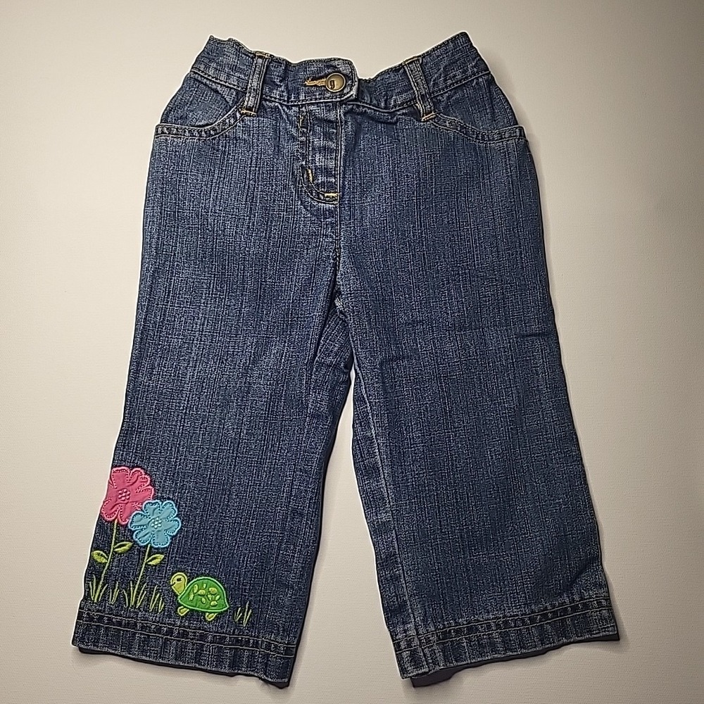 GYMBOREE‎ Girls Y2K 2007 Denim Embroidered Turtle Flowers Graphic Jeans 12-18mo